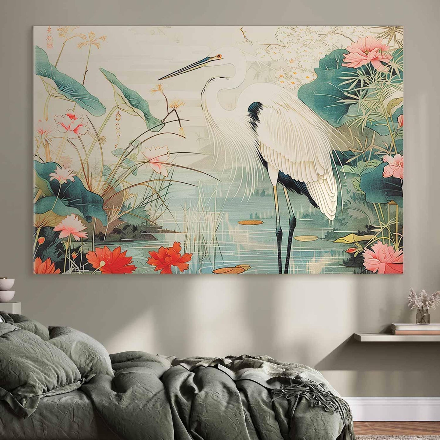 Wandbild XXL - By an Asian pond - an illustration in the style of a Japanese engraving, depicting a heron