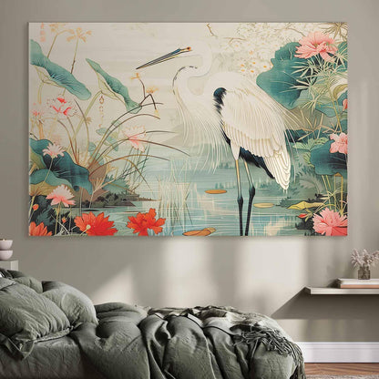 Wandbild XXL - By an Asian pond - an illustration in the style of a Japanese engraving, depicting a heron