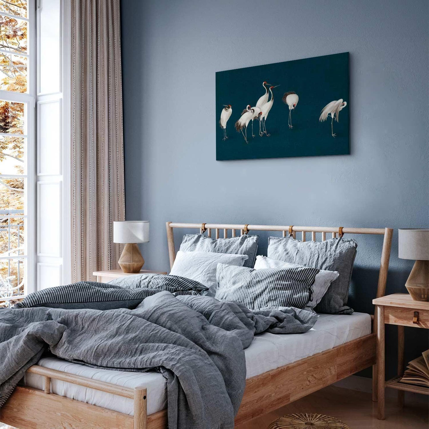 Leinwandbild - Evening by the pond - a group of cranes drawn in dry pastel on a dark turquoise background