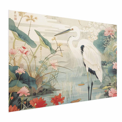 Poster - Over the Asian Pond - illustration in the Japanese print style featuring a heron Artgeist
