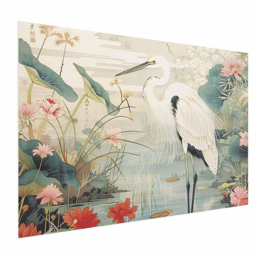 Poster - Over the Asian Pond - illustration in the Japanese print style featuring a heron Artgeist