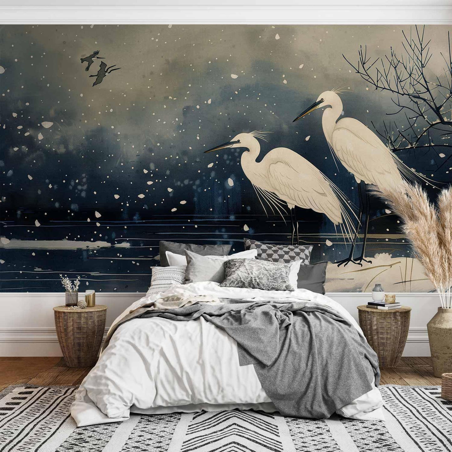 Fototapete - Herons over a winter pond - Japanese-style illustration in dark colours
