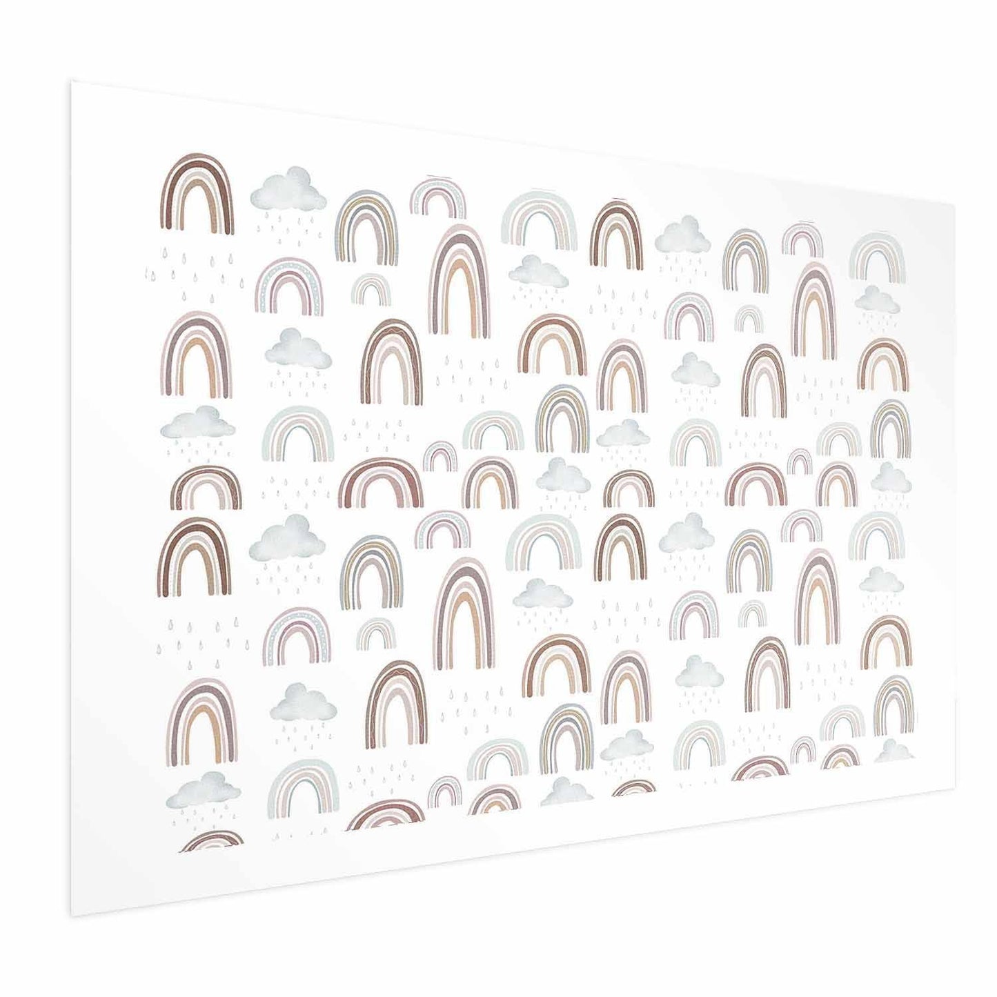Poster with rainbows and clouds design on white background.