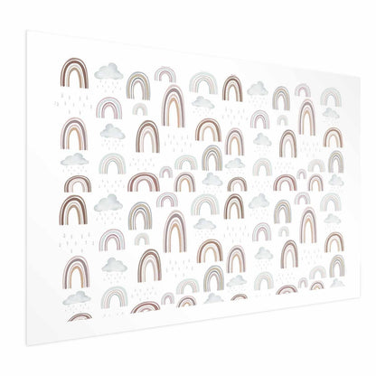 Poster with rainbows and clouds design on white background.