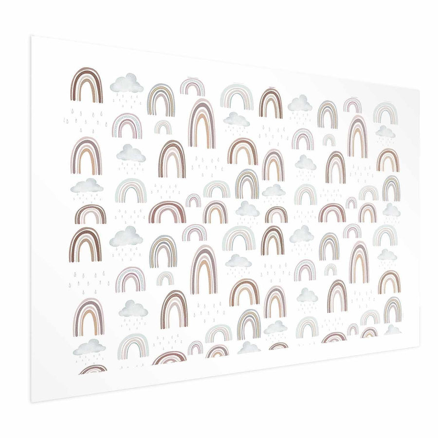 Poster with rainbows and clouds design on white background.