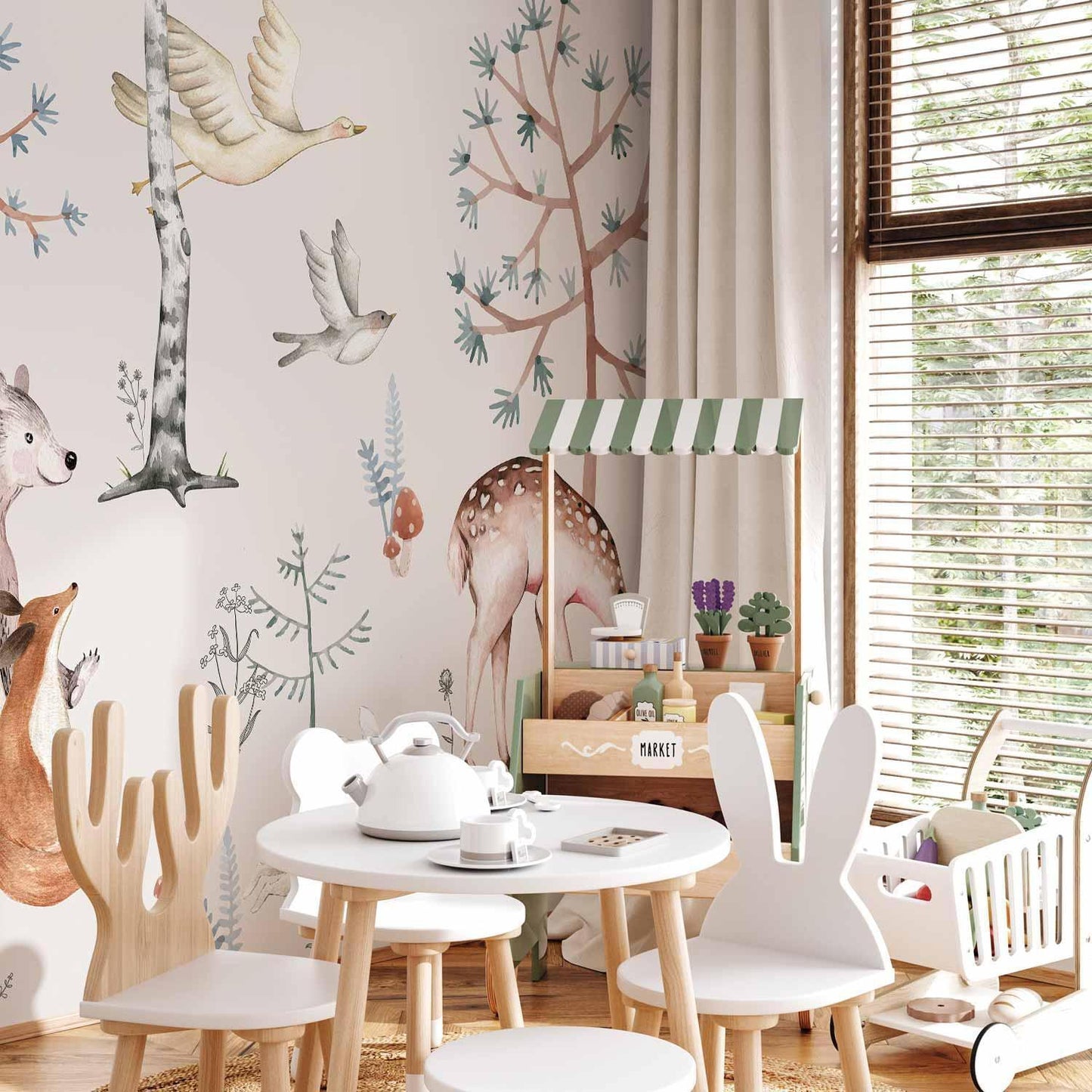 Fototapete - Forest Land With Animals Painted in Watercolours