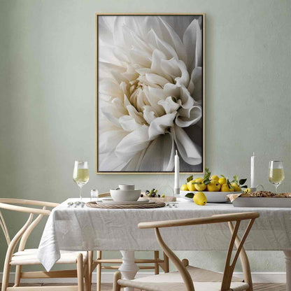 Canvas art "Leinwandbild - White Dahlia" displayed in dining room setting.