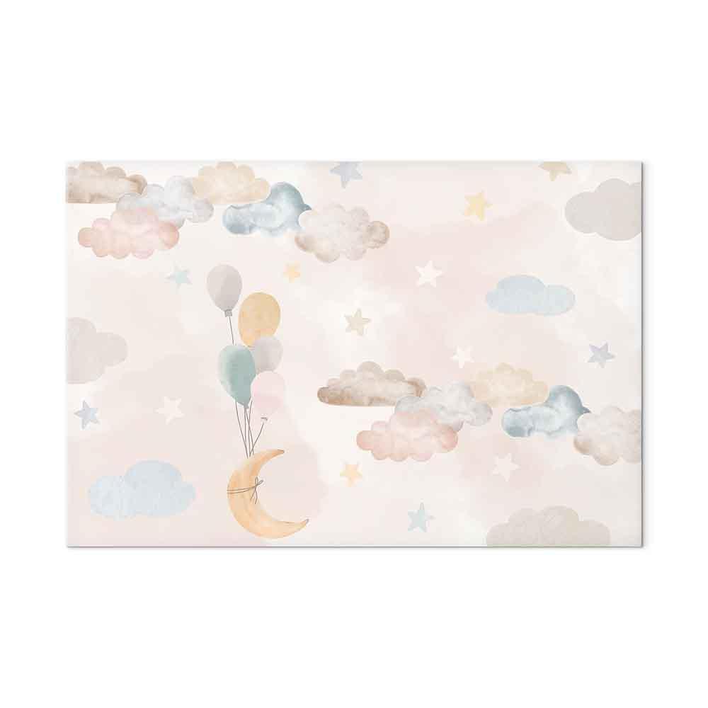 Leinwandbild - Fairy-Tale Moon - Pastel Moon with Balloons Among Colorful Clouds and Stars in Subdued Colors on a Light Background