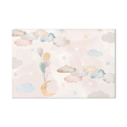 Leinwandbild - Fairy-Tale Moon - Pastel Moon with Balloons Among Colorful Clouds and Stars in Subdued Colors on a Light Background