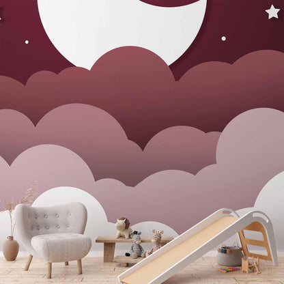Fototapete - Moon dream - clouds in a maroon sky with stars for children