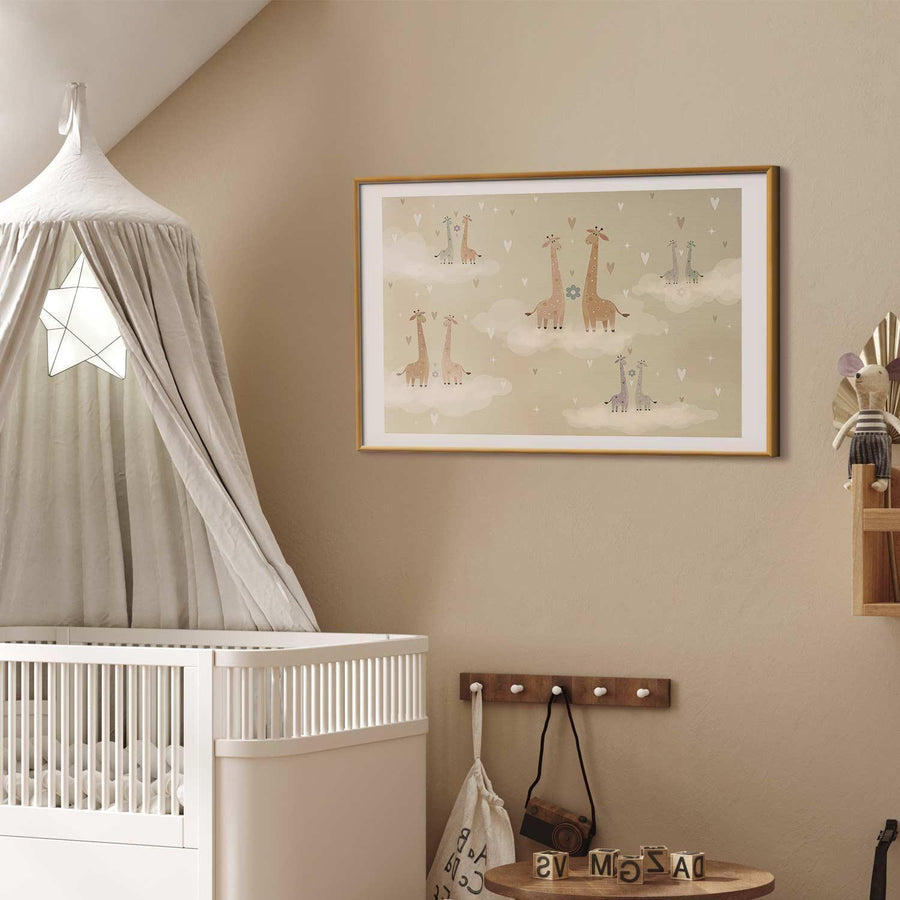 Poster featuring loving giraffes in a cozy nursery setting.