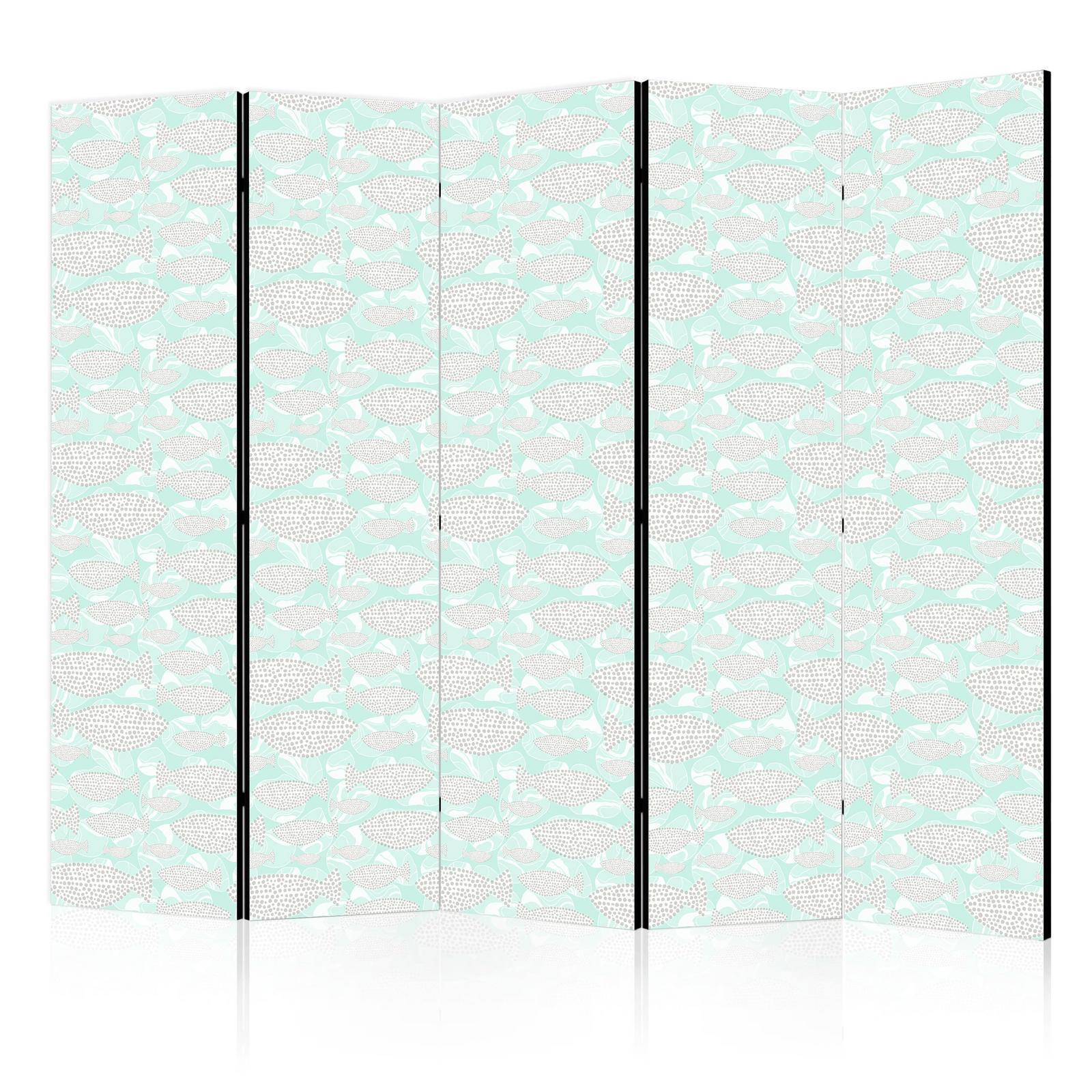 Paravent - Minimalist Fish - Fishes With Grey Dots Against a Crystal Sheet of Water in Mint Green Colors Artgeist