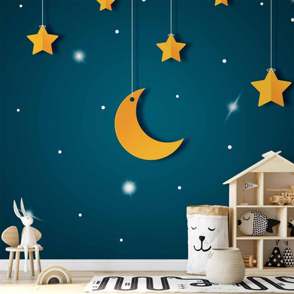 Fototapete - Skyline - turquoise night sky landscape with stars for children Artgeist