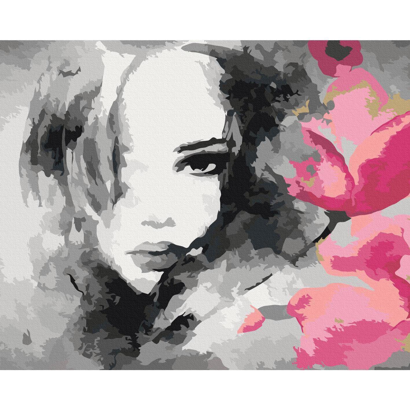 Malen nach Zahlen - Black & White Portrait With A Pink Flower