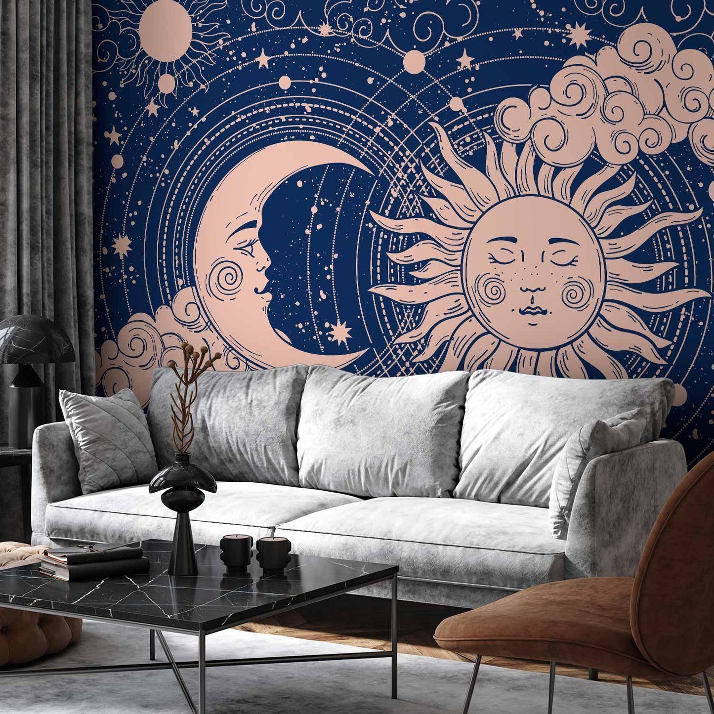 Fototapete - Cosmic Harmony - Illustration of the Sun and Moon on a Navy Background Artgeist