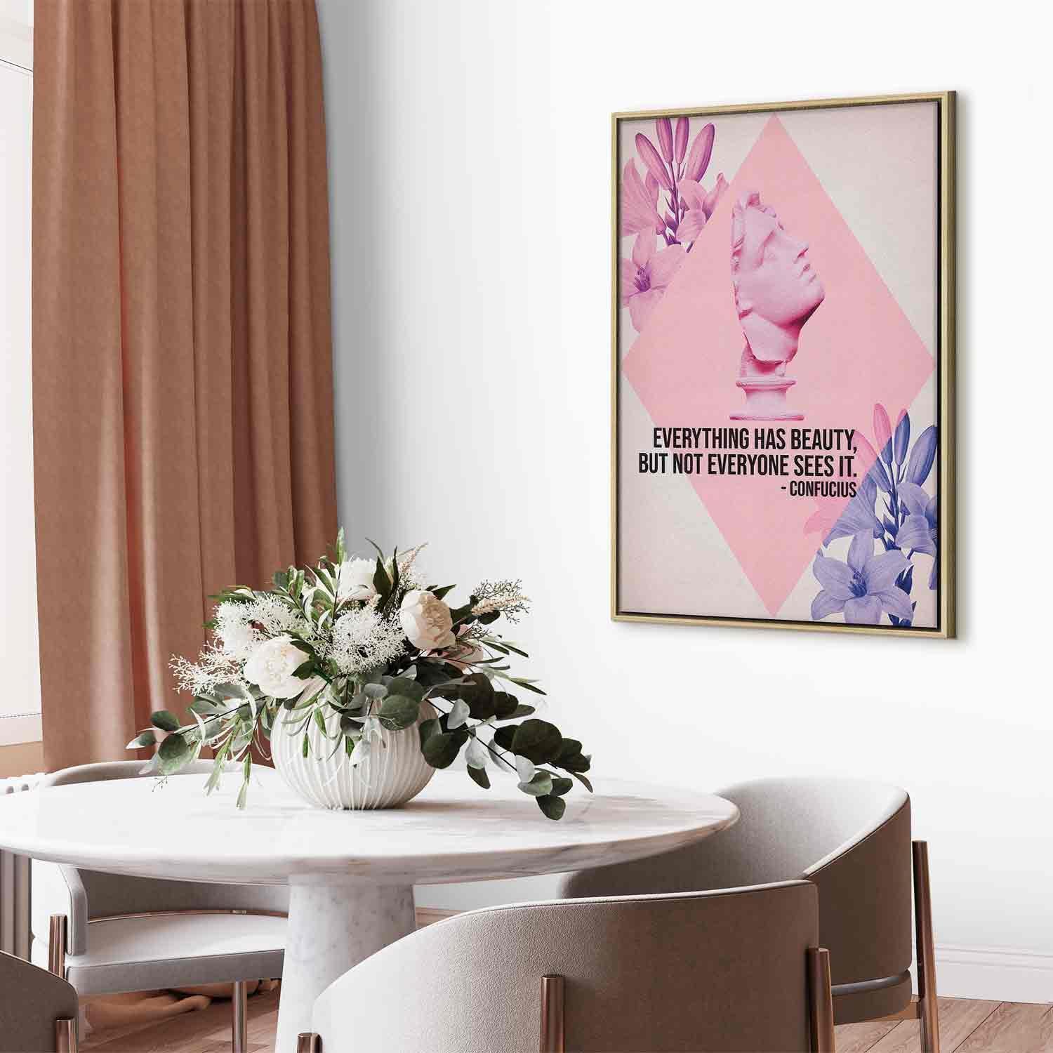 Leinwandbild - Beauty in the Eyes - Inspirational Quote with Pink Bust and Flowers Artgeist