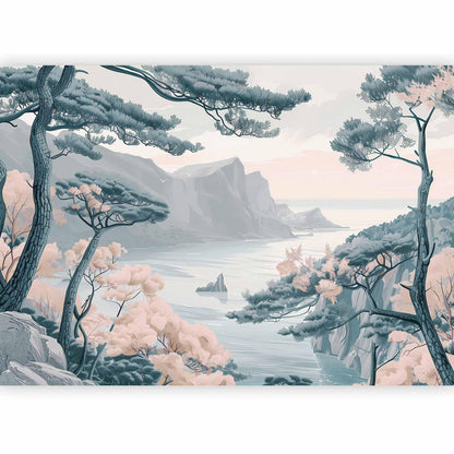 Fototapete - Mountainous Coast with Trees and Rocks in Light Pastel Blues