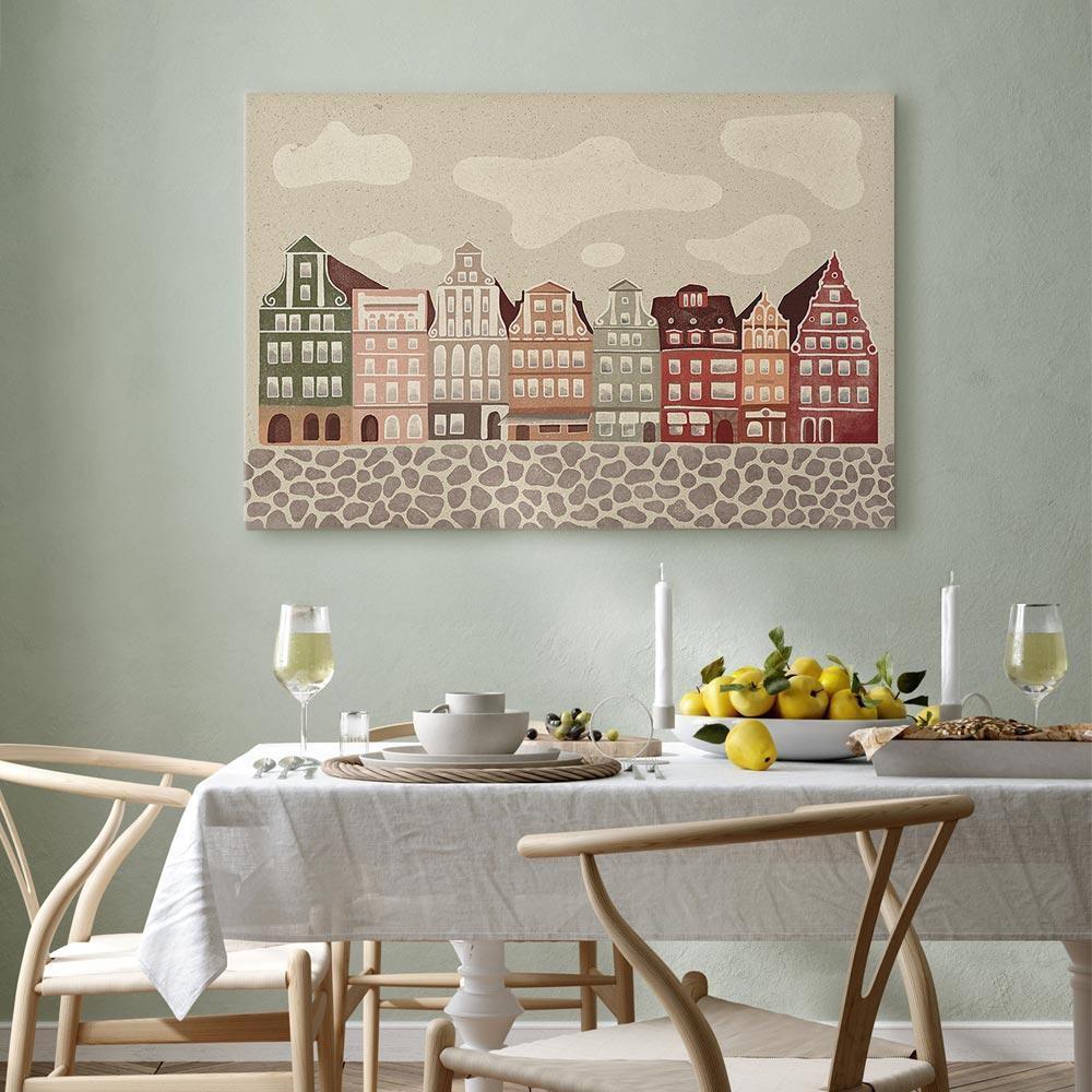 Leinwandbild - Salt Square - Colorful Illustrated Townhouses Against a Cloudy Sky Background