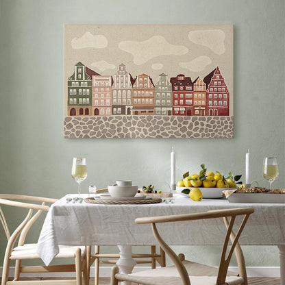 Leinwandbild - Salt Square - Colorful Illustrated Townhouses Against a Cloudy Sky Background