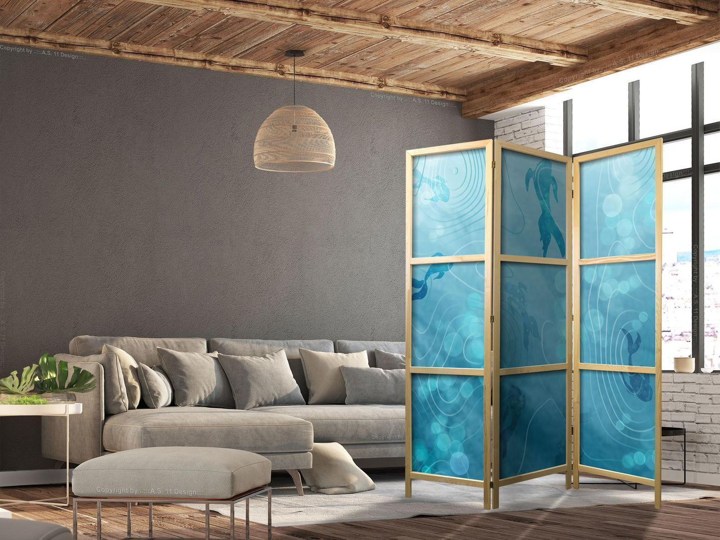 Japanischer Paravent - Koi Fish Under the Water Surface - a Cluster of Japanese Fish in the Depths of the Pond in Shades of Navy and Blue