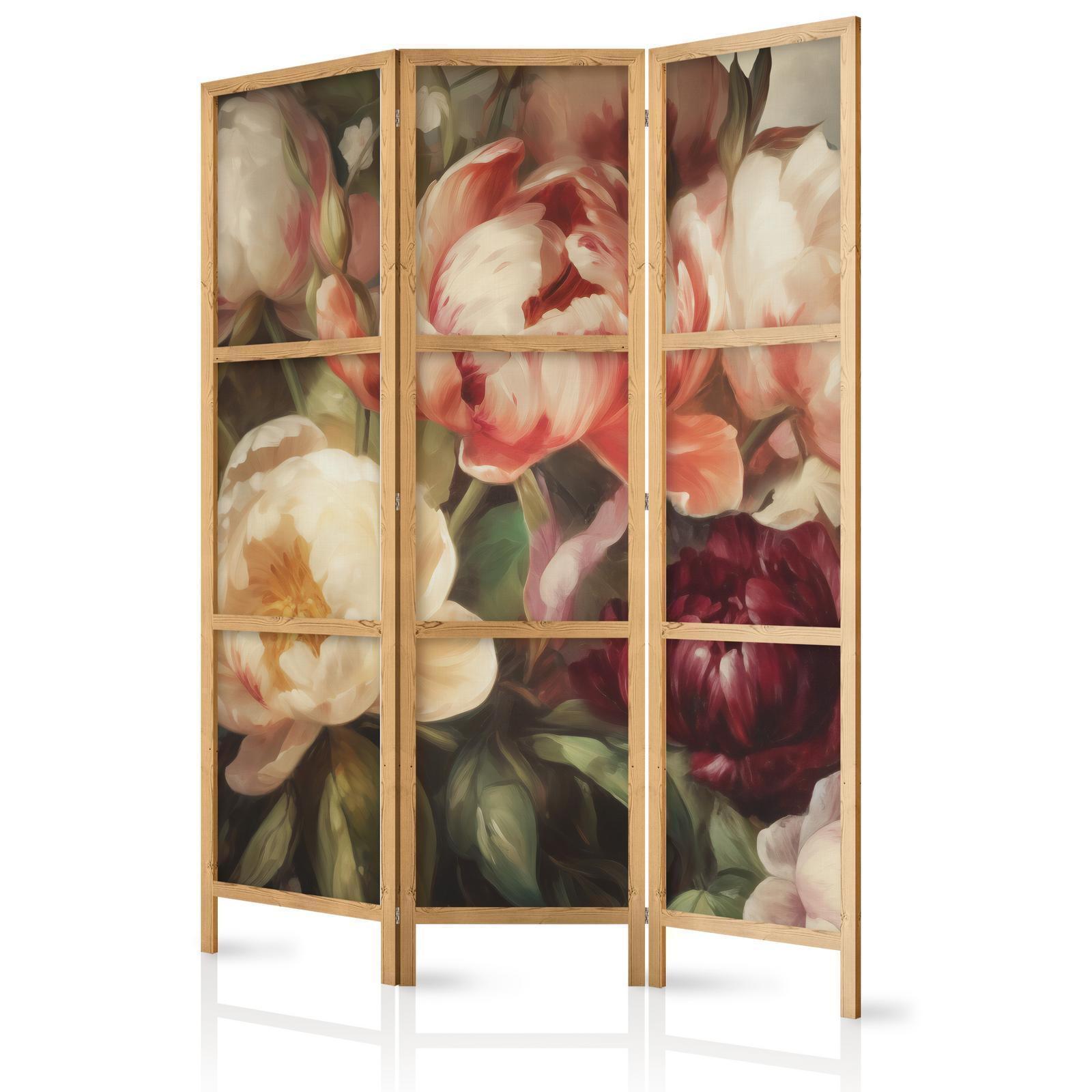Japanischer Paravent - Blooming Peonies - Charismatic Flowers Bathed in Sunlight Artgeist