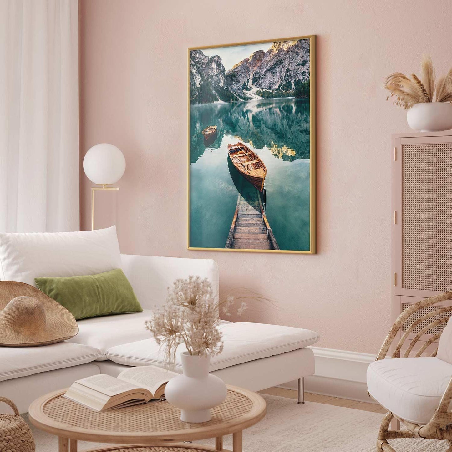 Poster featuring boats in the Dolomites on stylish living room wall.