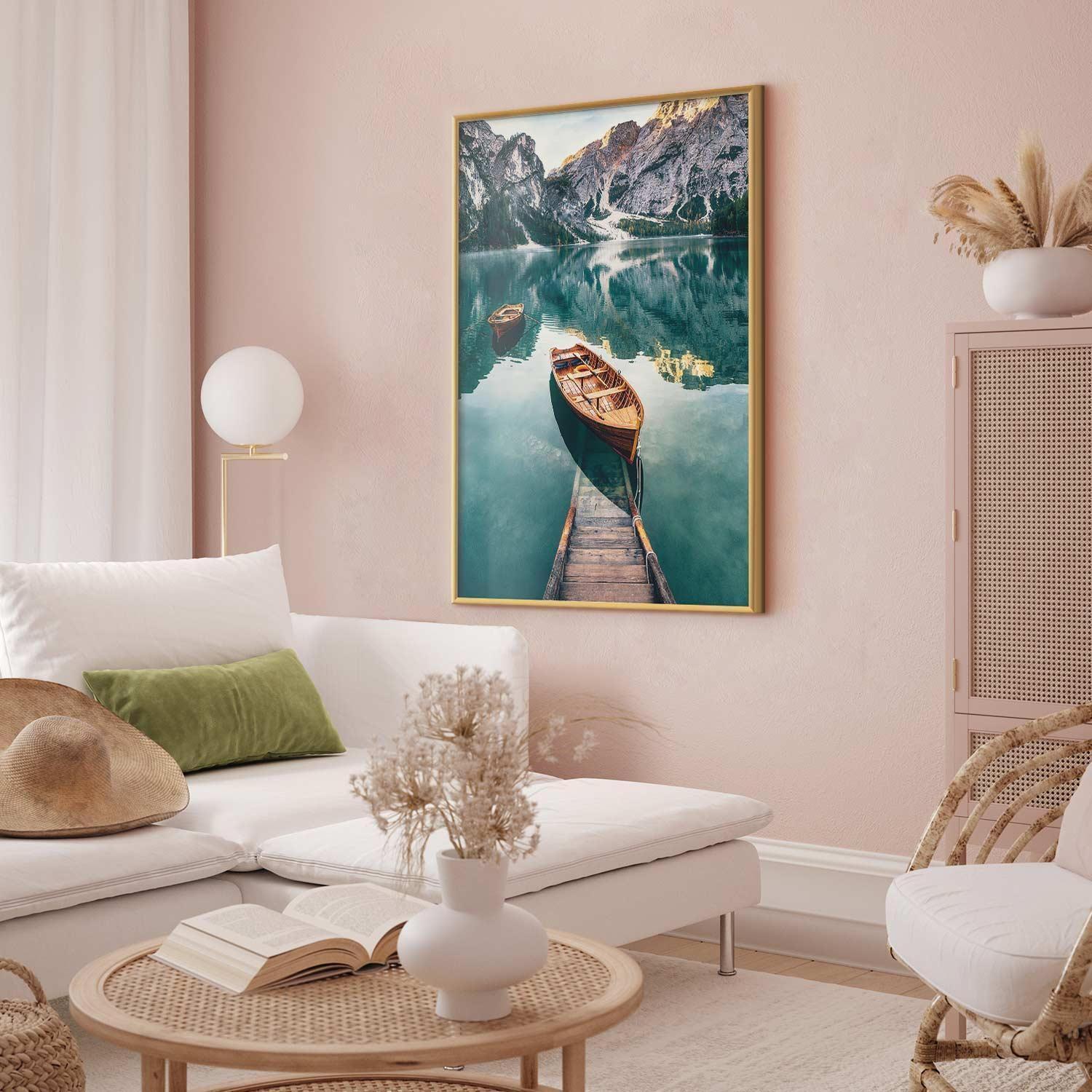 Poster featuring boats in the Dolomites on stylish living room wall.