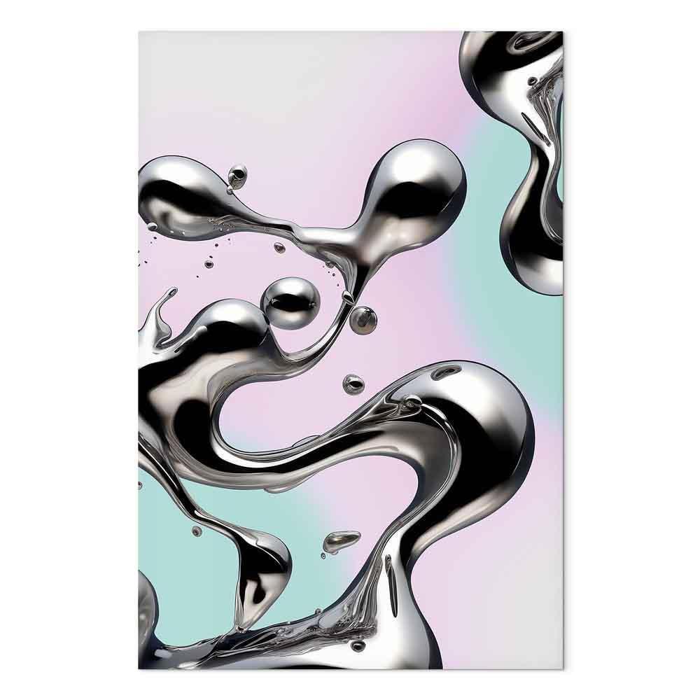 Leinwandbild - Metallic Fluidity - Abstract Silver Forms on a Mint-Purple Background
