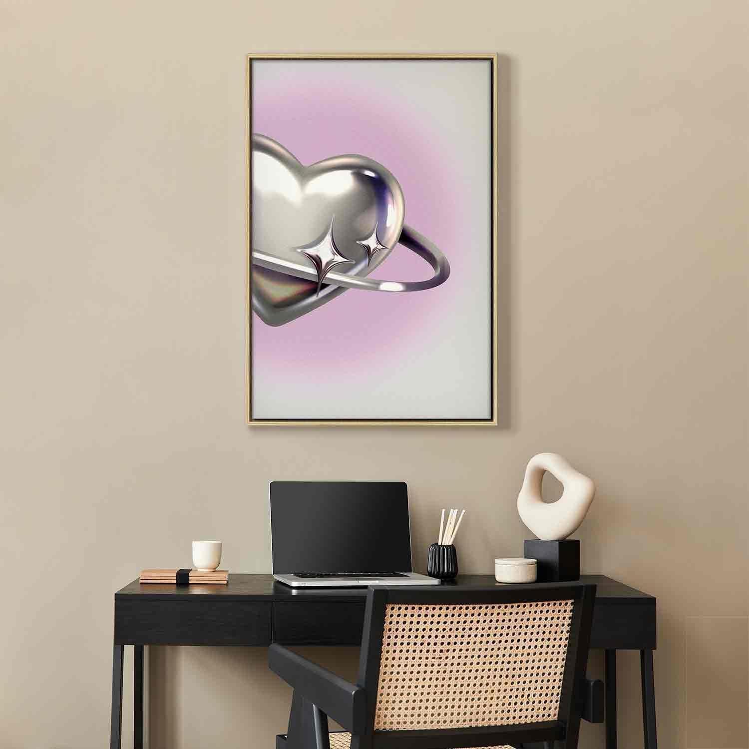 Leinwandbild - Cosmic Heart - Silver Heart with a Ring on a Purple Background Artgeist