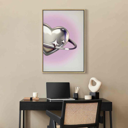 Leinwandbild - Cosmic Heart - Silver Heart with a Ring on a Purple Background Artgeist