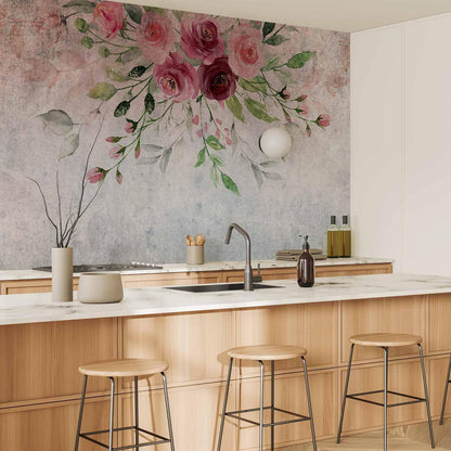 Fototapete - Summer bloom - plant motif with flowers and leaves in pink tones