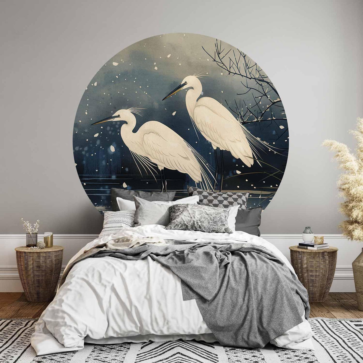 Runde Fototapete - Herons over a winter pond - Japanese-style illustration in dark colours