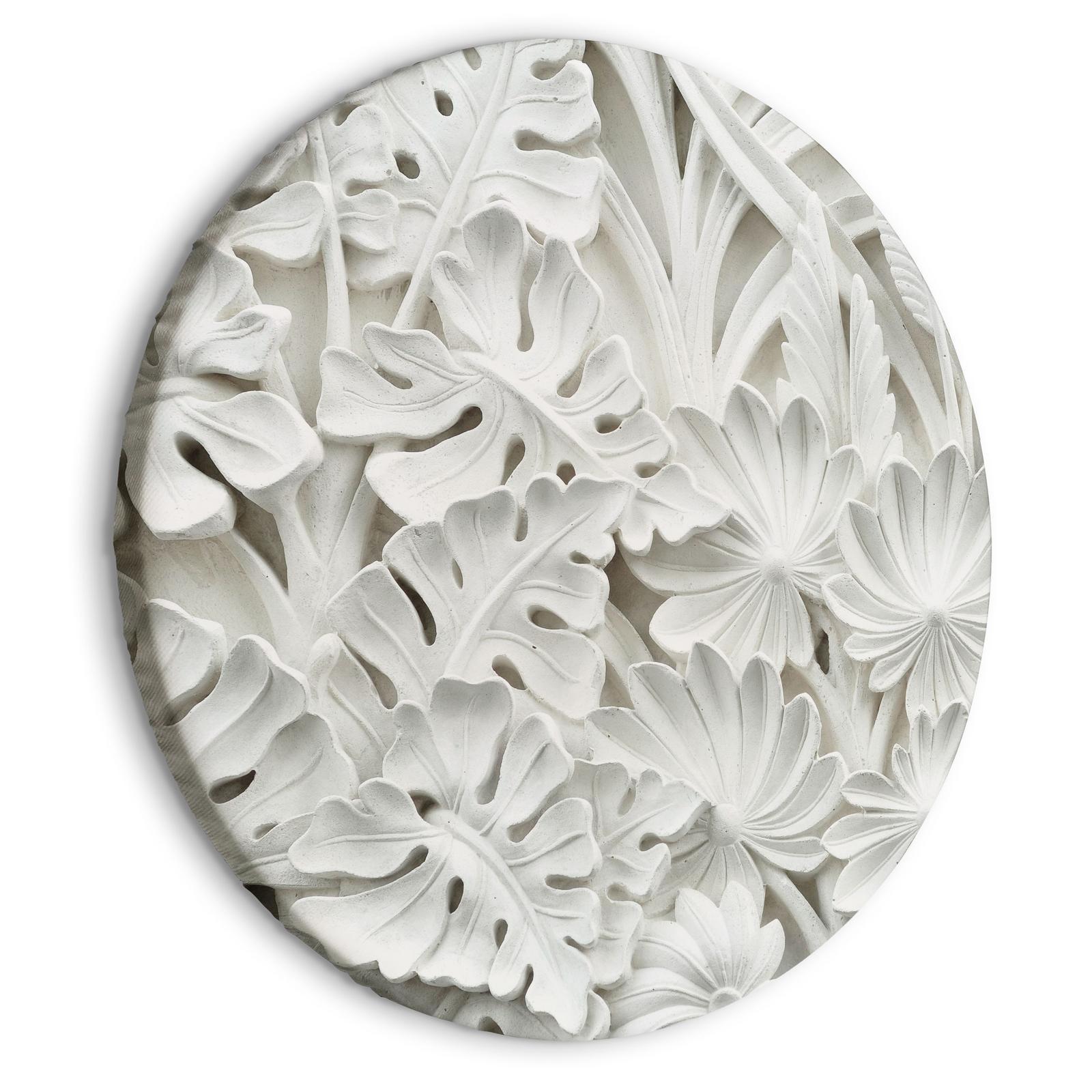 Rundes Bild - Carved Nature - Pattern With White Leaves Made of Stone Artgeist