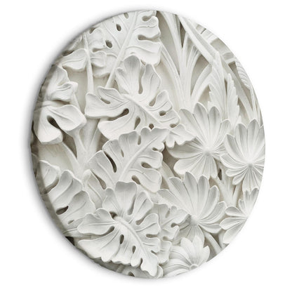 Rundes Bild - Carved Nature - Pattern With White Leaves Made of Stone Artgeist