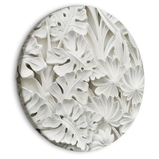 Rundes Bild - Carved Nature - Pattern With White Leaves Made of Stone Artgeist