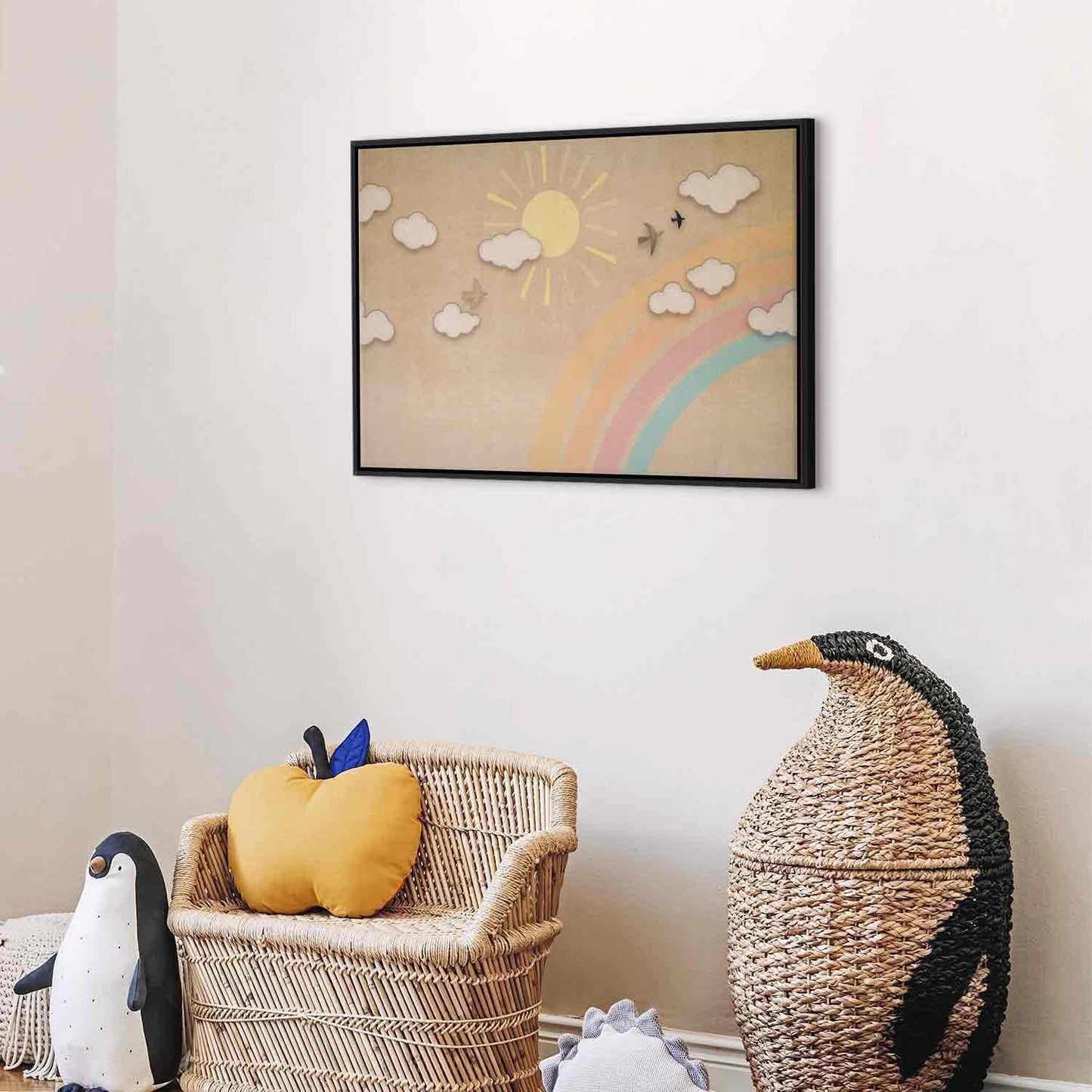 Leinwandbild - Holiday Sky - Sunny Day with a Rainbow and Flying Birds