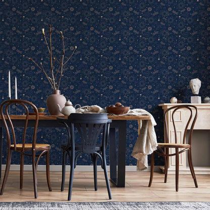 Tapete - Cosmic Fantasy - Pattern with Suns - Moons - and Dragonflies on a Dark Background