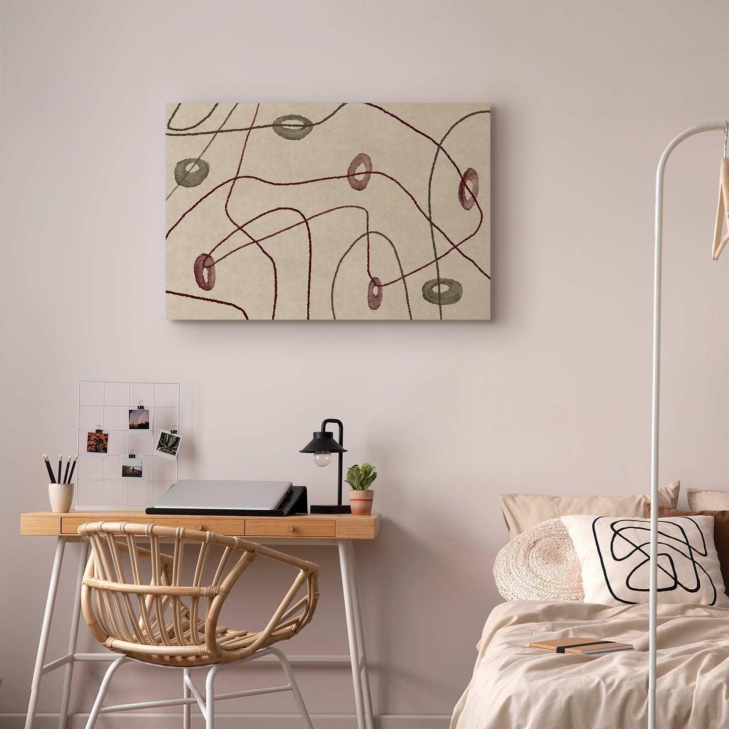 Leinwandbild - Lines and shapes – bead labyrinth on a pale washed background