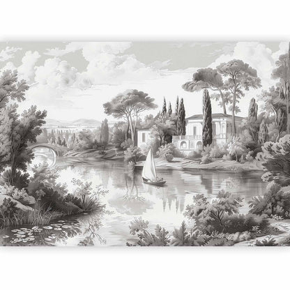 Fototapete - Black and White Vintage Landscape Retro View of a Pond with a Boat Artgeist
