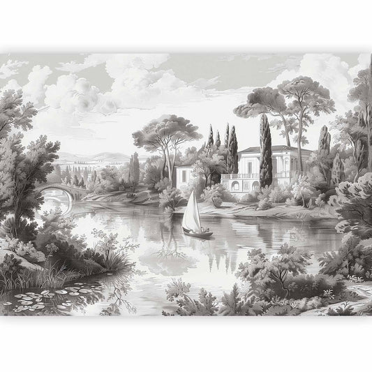 Fototapete - Black and White Vintage Landscape Retro View of a Pond with a Boat Artgeist