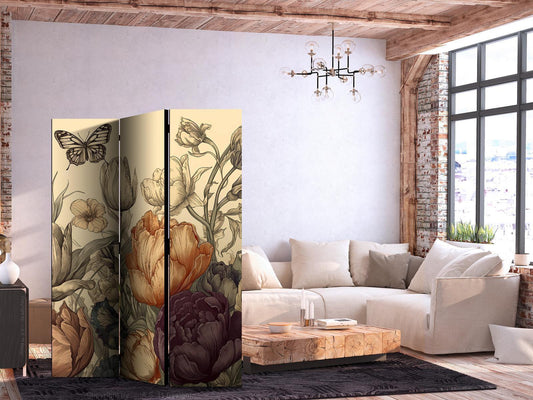 Paravent - Tulips in Cream - Illustration of Flowers and Butterflies on a Light Background Artgeist