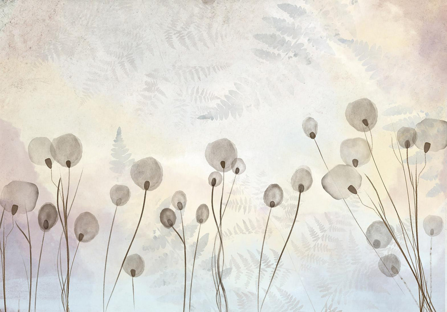 Fototapete - Minimalist meadow - floral motif in light shades with reflections Artgeist