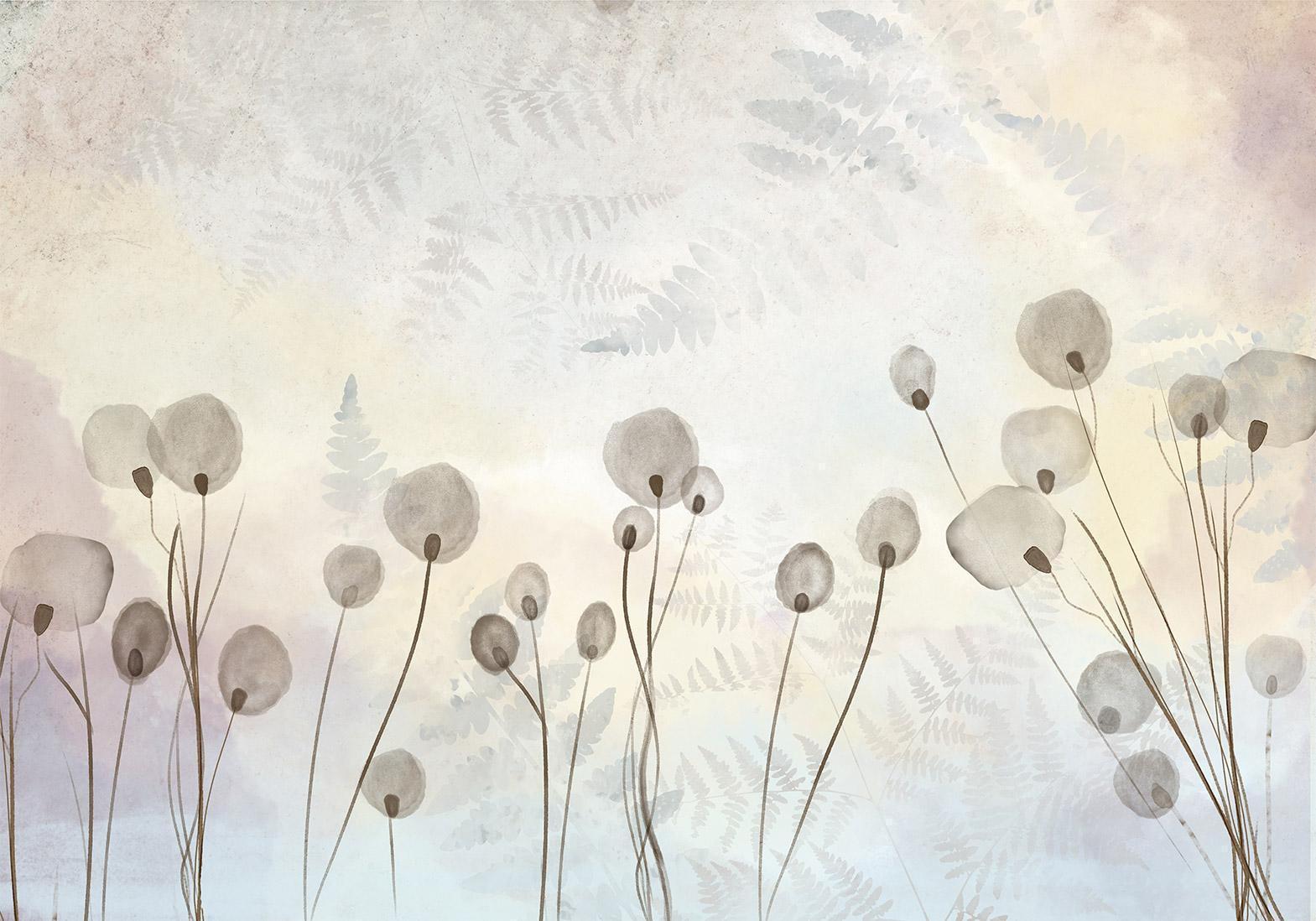 Fototapete - Minimalist meadow - floral motif in light shades with reflections Artgeist