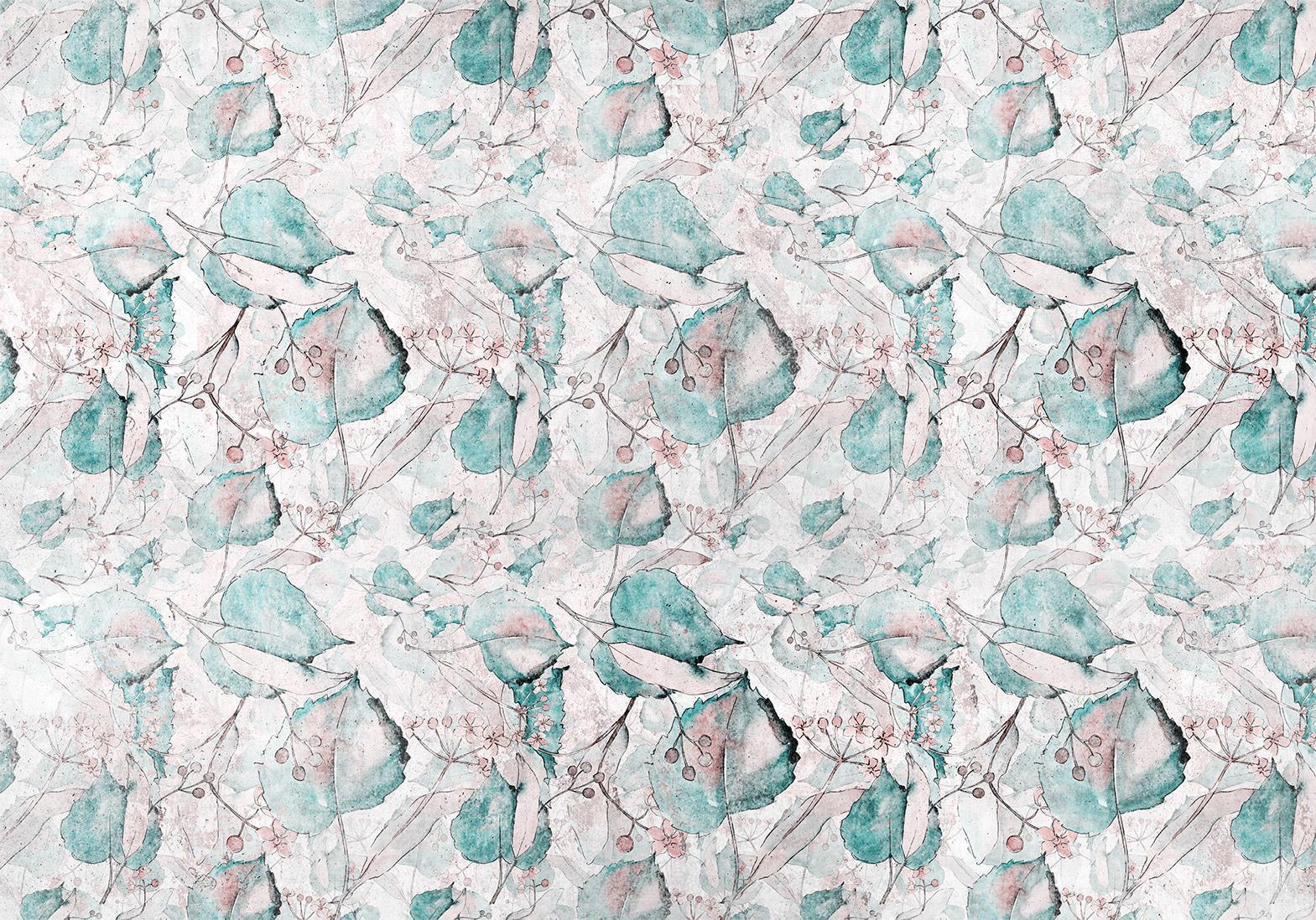 Fototapete - Autumn souvenirs - floral pattern with turquoise leaves Artgeist