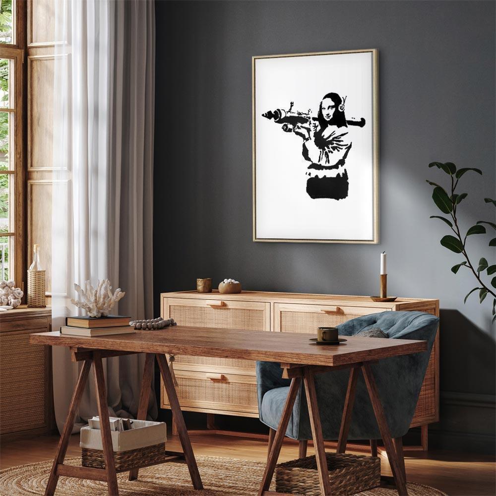 Leinwandbild - Banksy Mona Lisa with Rocket Launcher (1 Part) Vertical