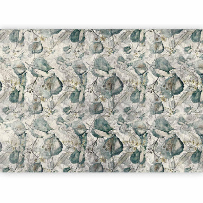 Fototapete - Autumn souvenirs - cool grey floral pattern with leaves Artgeist
