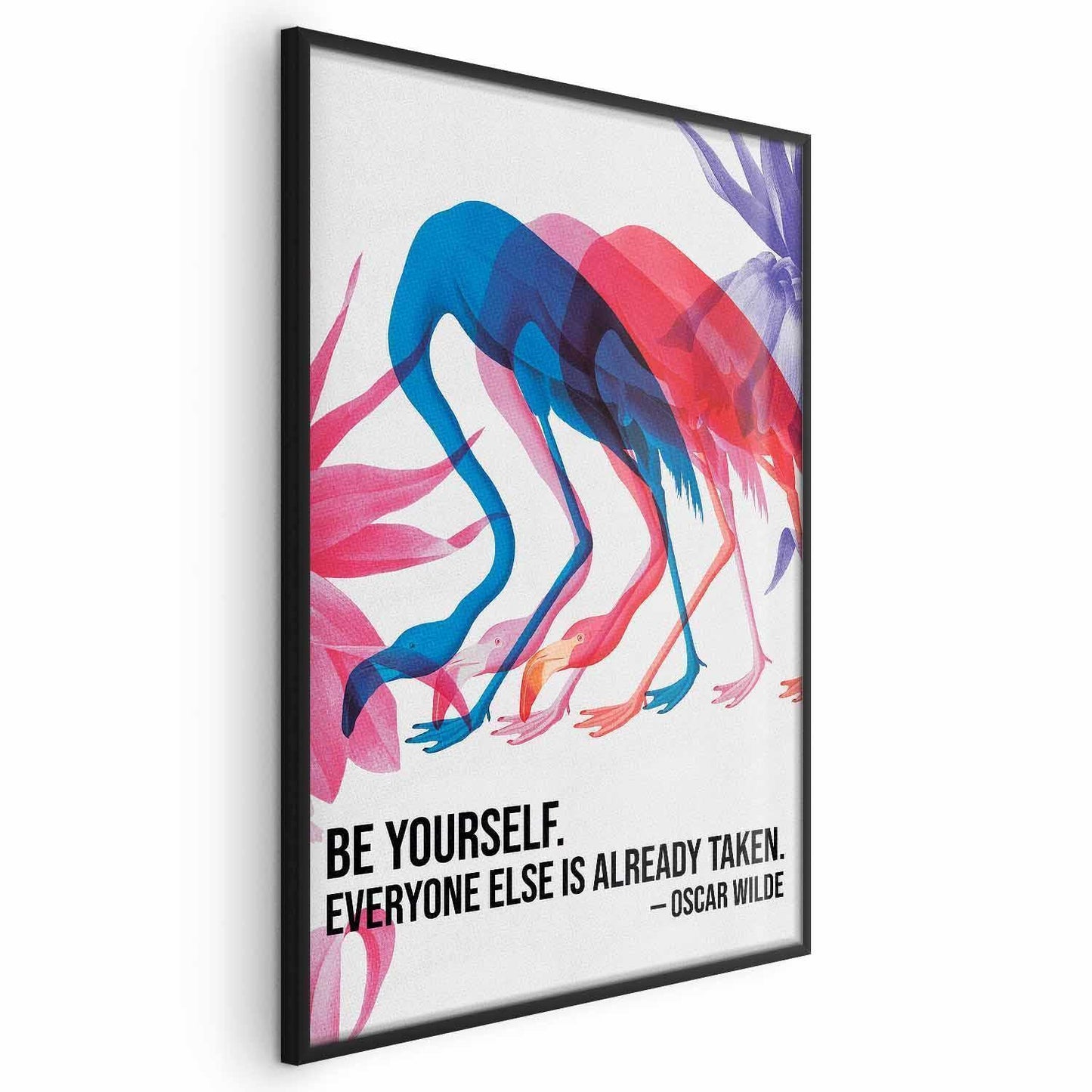 Poster - Colorful Repetition - three flamingo silhouettes with an inspiring quote Artgeist