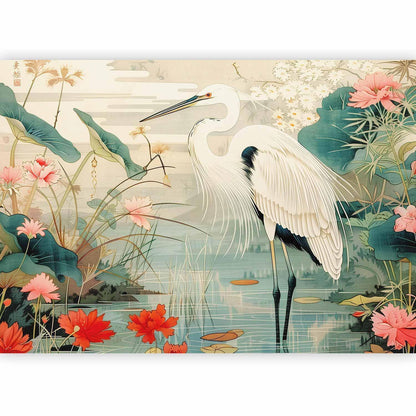 Fototapete - By an Asian pond - an illustration in the style of a Japanese engraving, depicting a heron