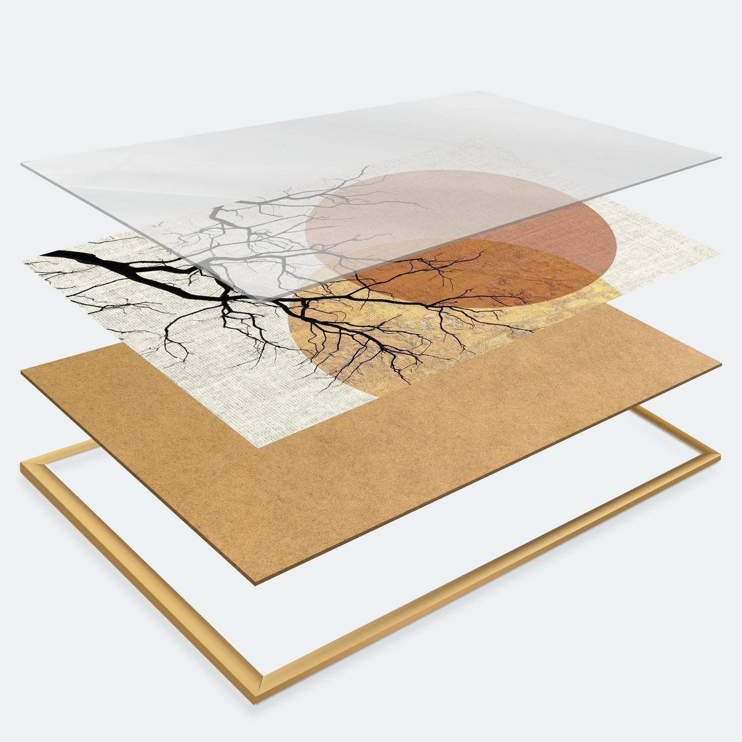 Poster featuring abstract tree design with layered composition and gold frame, titled "Whisper of Illuminated Clouds: Soft Light Play in the Sky Theater".