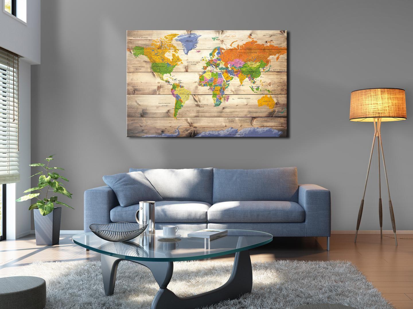 Korkbild - Map on wood: Colourful Travels Artgeist